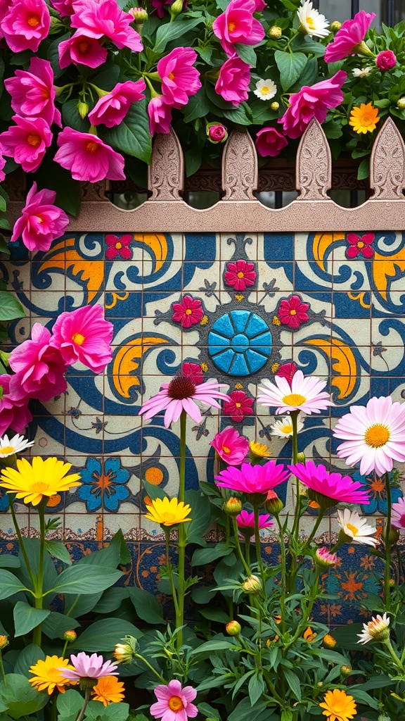 Colorful mosaic tile fence with flowers in front