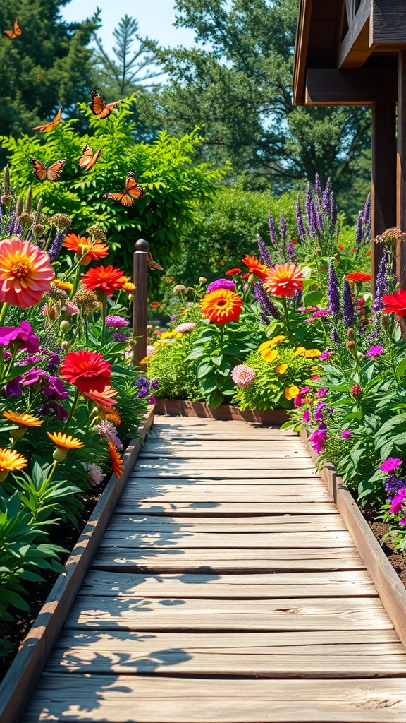 A charming wooden walkway surrounded by colorful flowers and butterflies in a sunny garden.