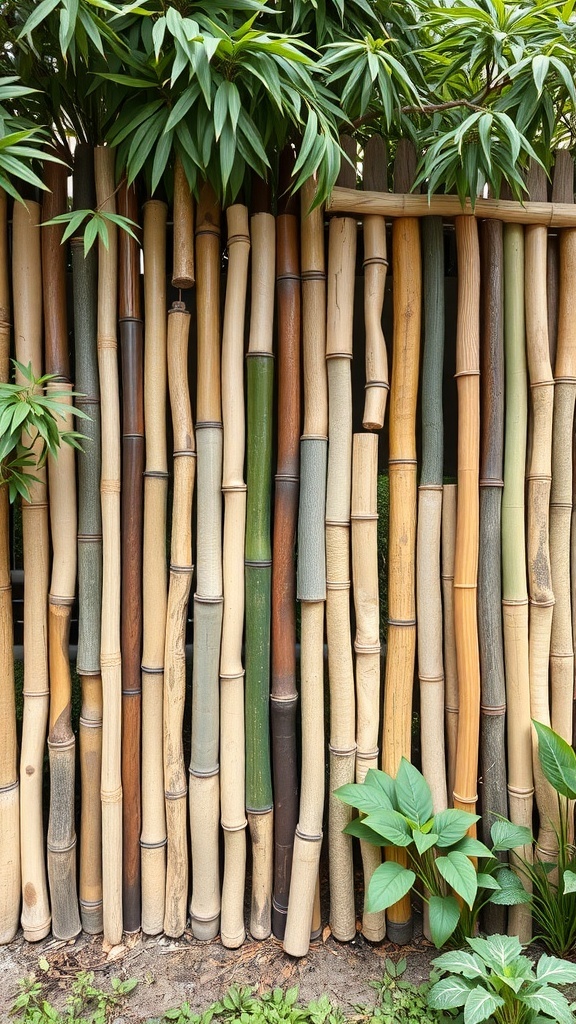 A bamboo fence made from various shades of bamboo, surrounded by green plants.