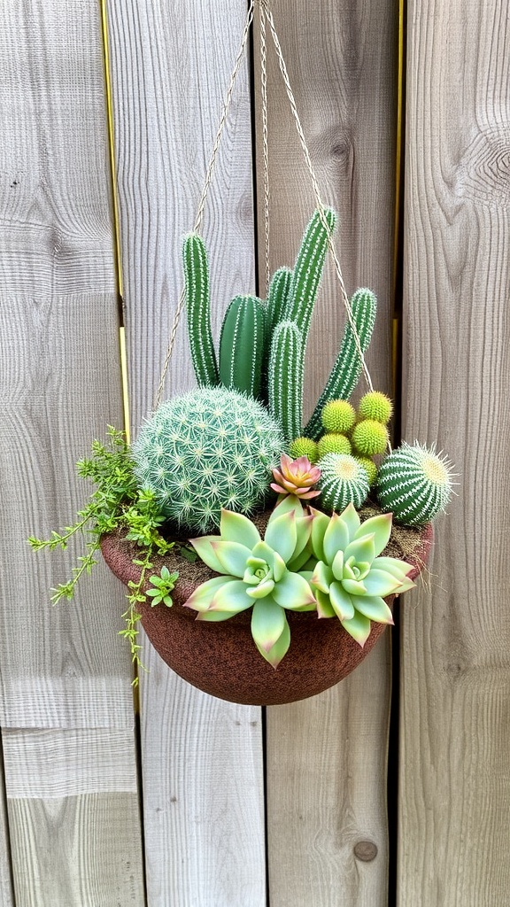 Hanging basket with a variety of succulents and cacti.