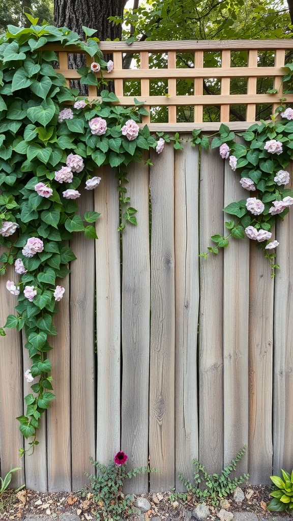 A wooden garden fence with a lattice topper, adorned with climbing flowers and greenery.