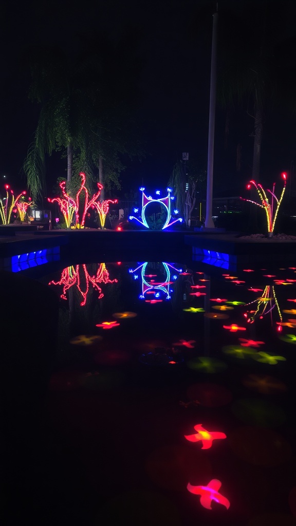 Colorful underwater LED lights illuminating a garden pond at night