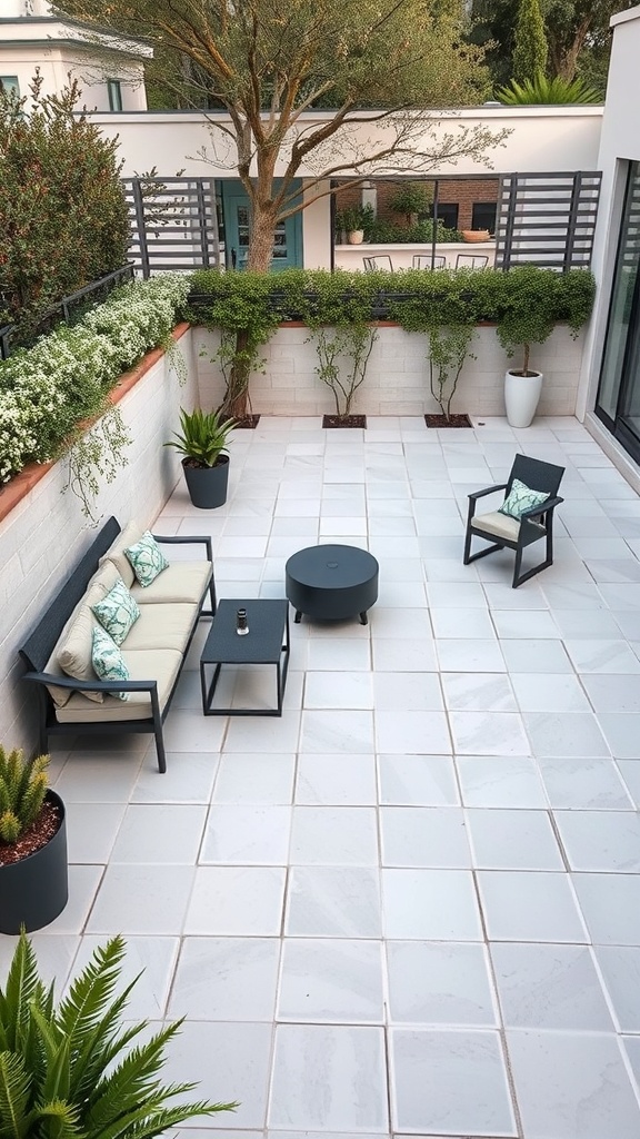 A contemporary white stone patio featuring large tiles, comfortable seating, and surrounding greenery.