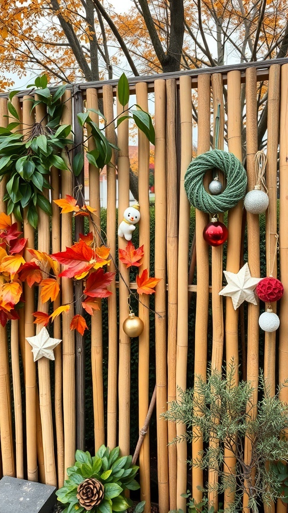 A bamboo fence decorated with autumn leaves, a green wreath, and holiday ornaments.