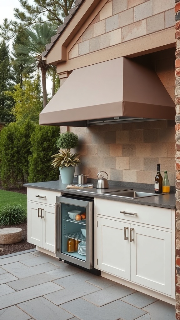 A stylish outdoor kitchen featuring a sleek outdoor refrigerator with a glass door, surrounded by greenery.