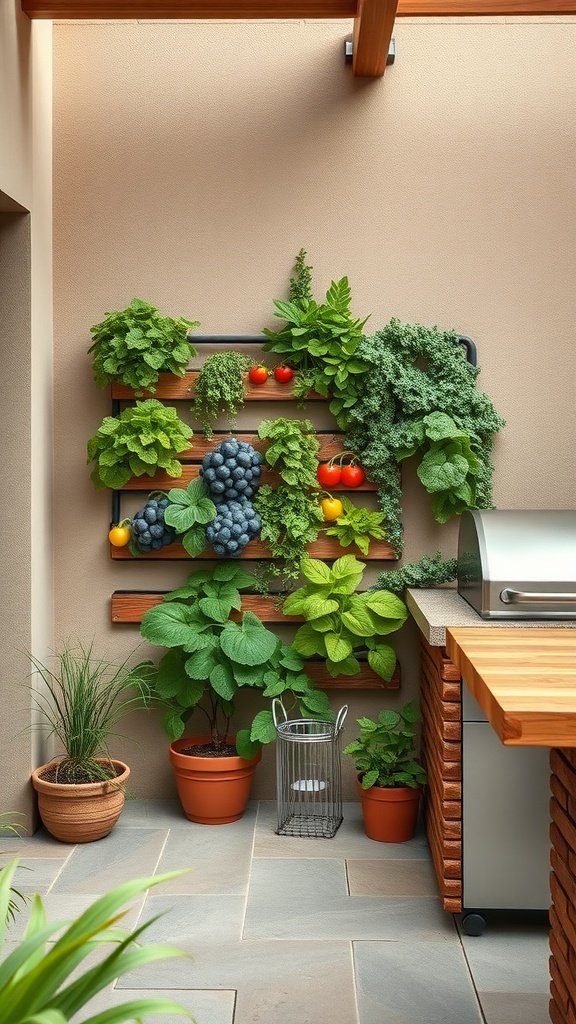 A vertical garden with various herbs and vegetables growing on a wall next to an outdoor kitchen.