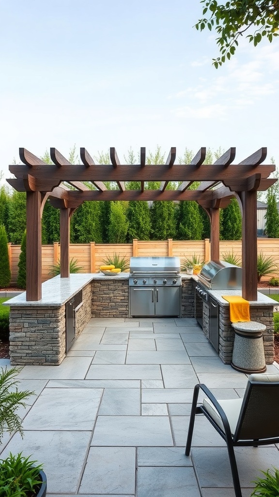 Outdoor kitchen with a wooden pergola and built-in seating area