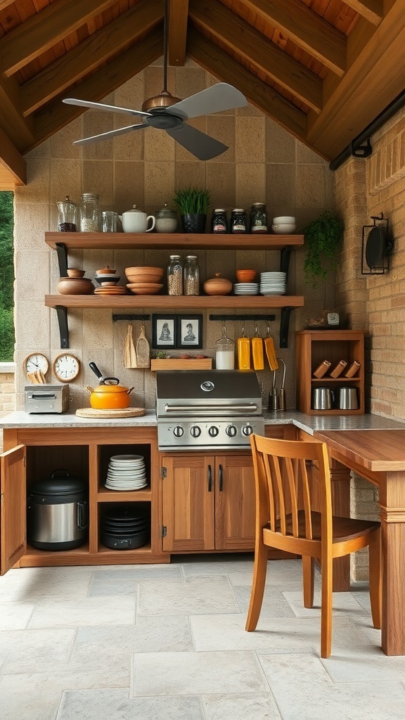 Rustic outdoor kitchen with wooden cabinetry, open shelves, and a built-in grill.