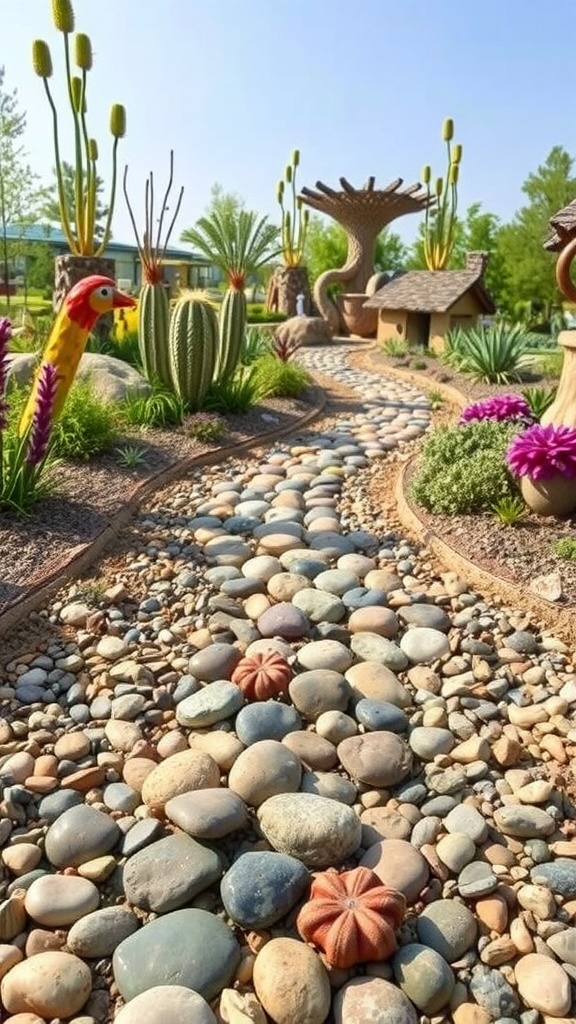 A whimsical pebble pathway winding through a colorful garden with unique decorations and vibrant plants.
