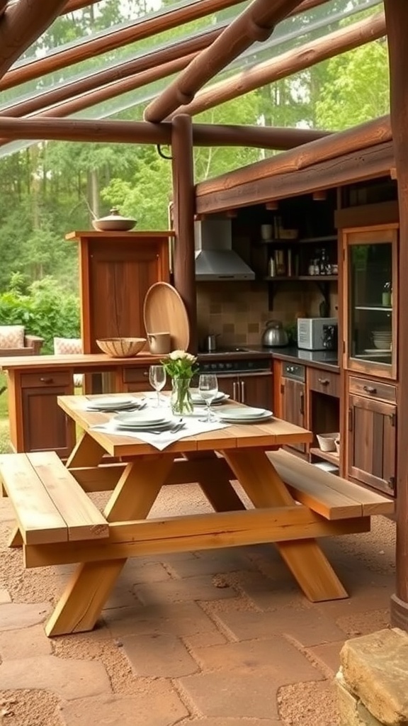 A rustic outdoor kitchen featuring a wooden picnic table set for dining.