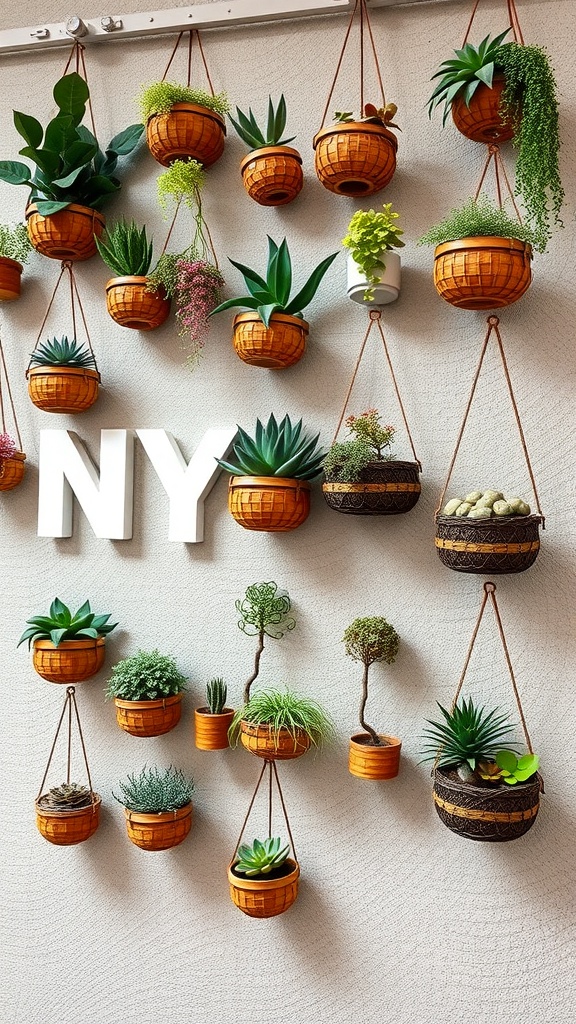 A wall decorated with various hanging baskets of succulents and plants.