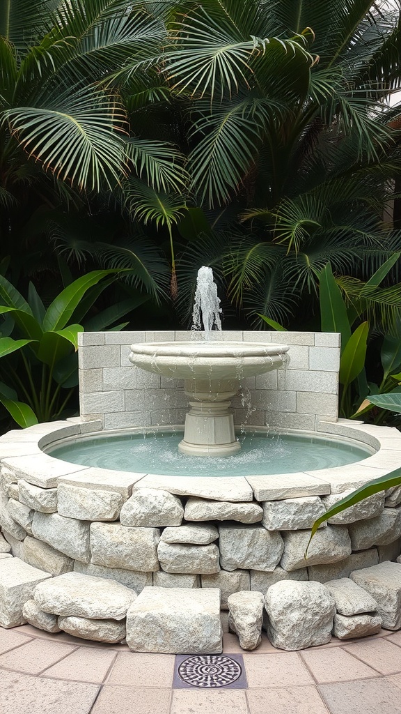 A white stone water feature with a fountain surrounded by lush green plants.