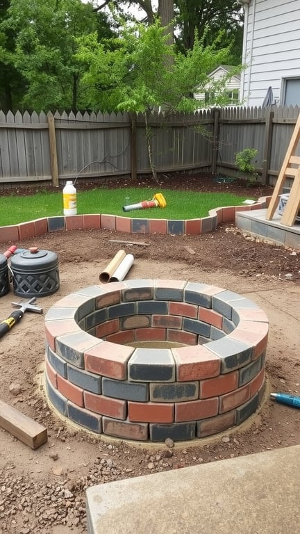 A DIY brick fire pit under construction in a backyard, featuring red and black bricks arranged in a circular shape.
