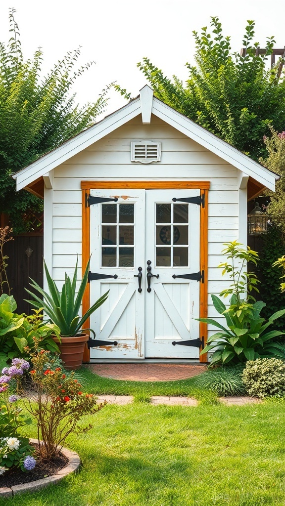 A charming rustic white garden shed with wooden accents and a lush green garden.