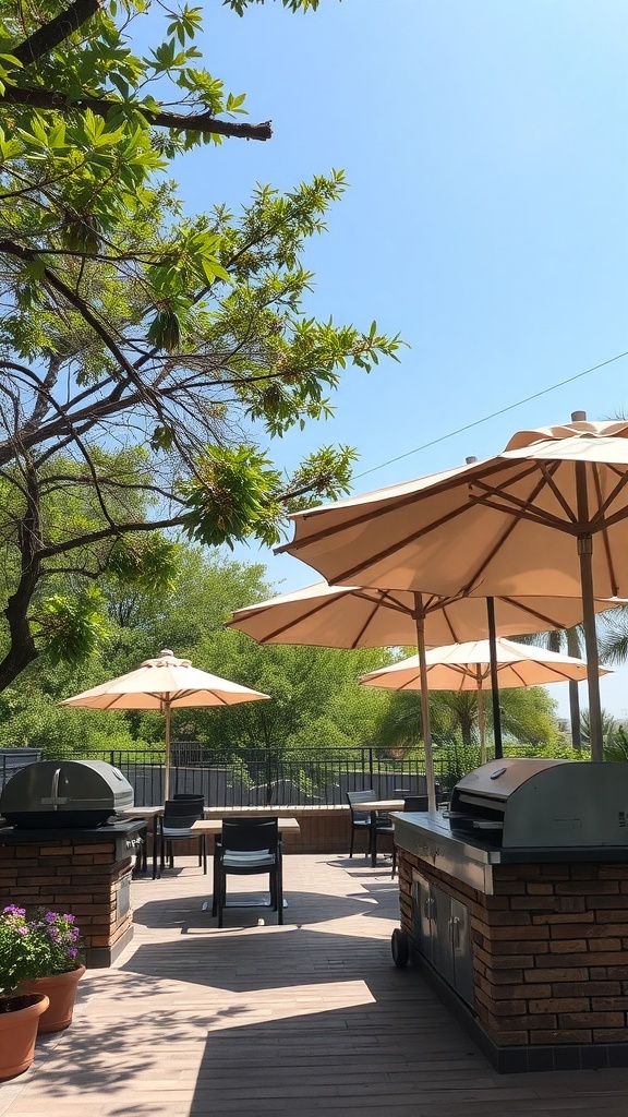 Outdoor BBQ area with umbrellas providing shade over grilling stations and seating.