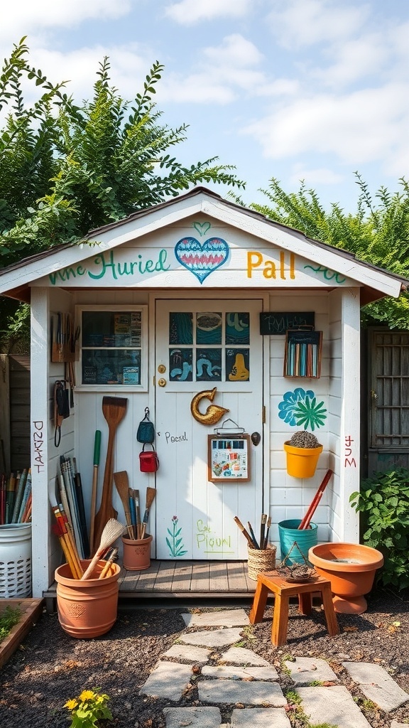 A white garden shed with colorful hand-painted murals and garden tools displayed outside.
