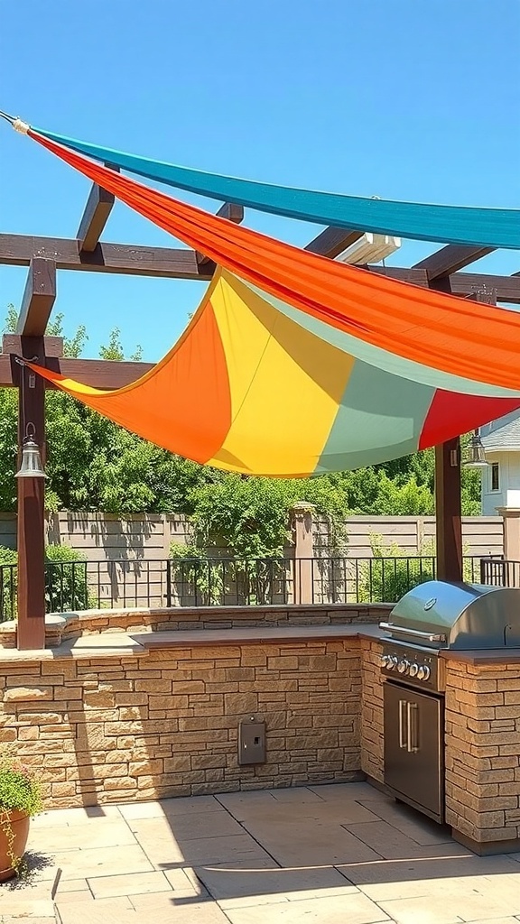 Colorful shade sails over a pergola in an outdoor kitchen setting