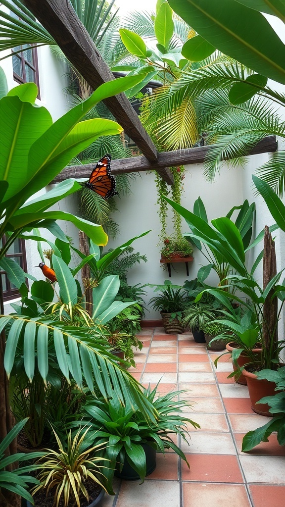 A tropical courtyard garden featuring lush greenery, potted plants, and a butterfly.