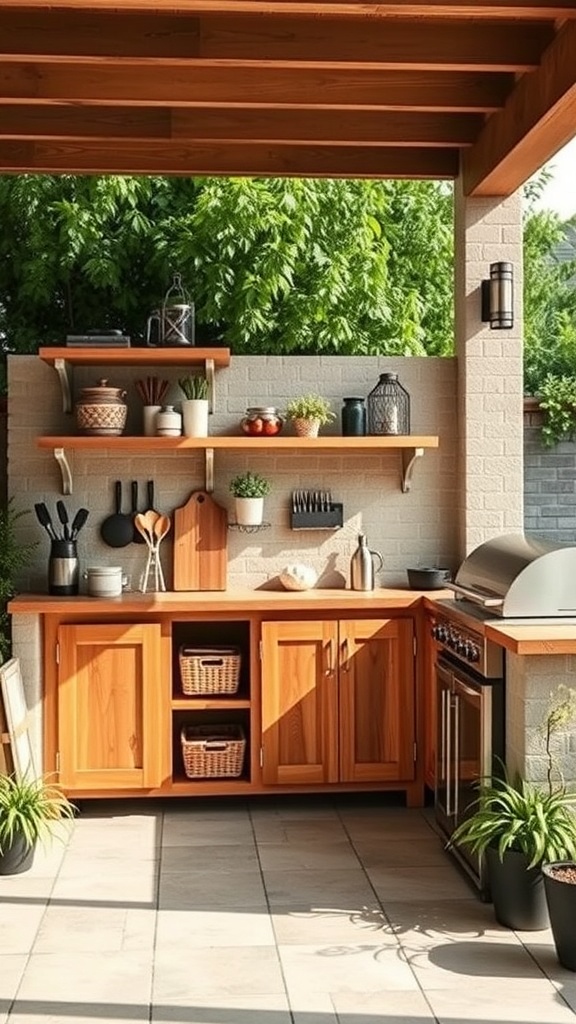 A compact outdoor kitchen featuring wooden cabinets, open shelves with kitchen utensils, and potted plants.