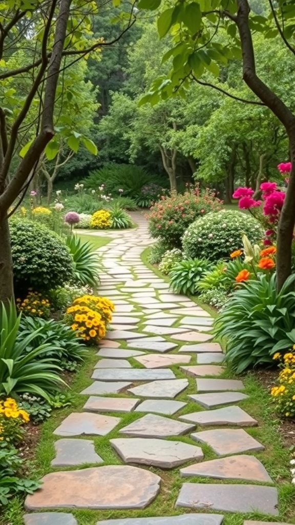 A serene stone pathway winding through a lush garden filled with colorful flowers and greenery.