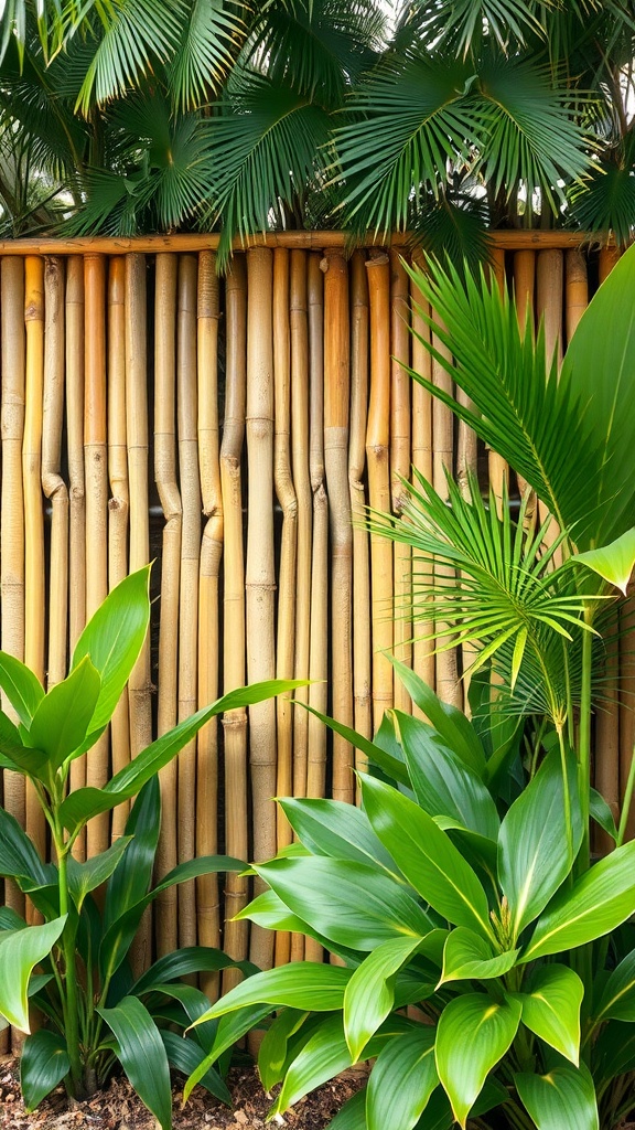 A natural bamboo privacy screen surrounded by lush green plants.