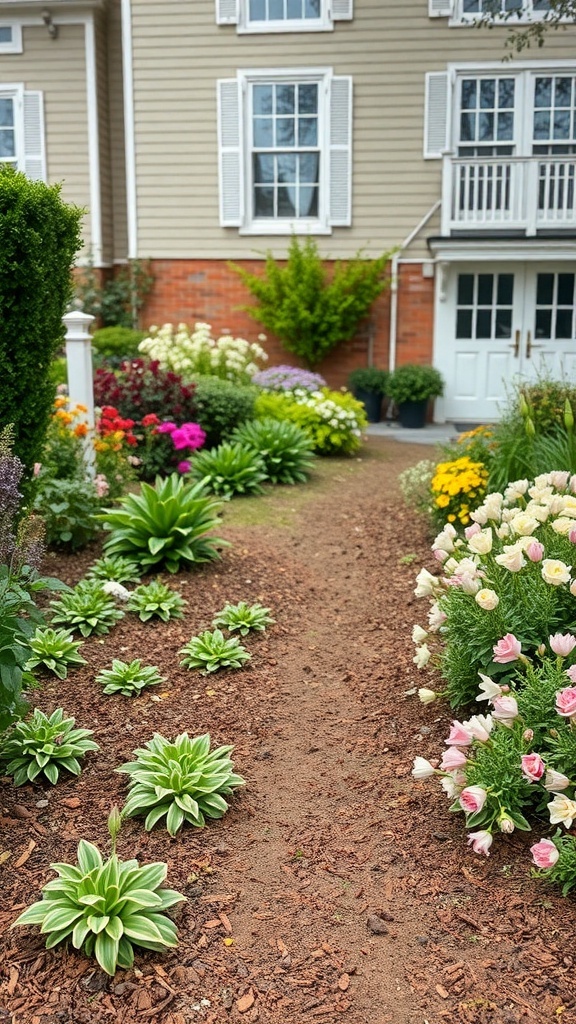 A colorful cottage flower garden with a path lined by flowers and mulch.