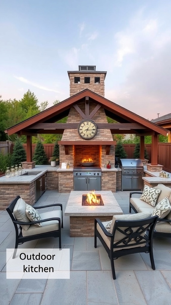 Outdoor kitchen with fireplace and seating area