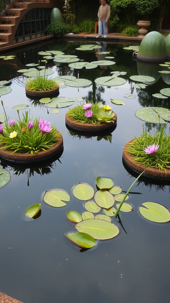 A serene garden pond featuring floating plant islands with vibrant flowers and lily pads.