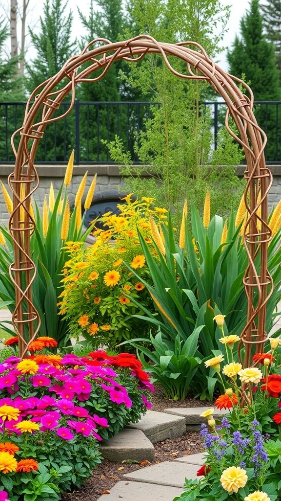 A decorative wire trellis arch surrounded by colorful flowers in a garden.