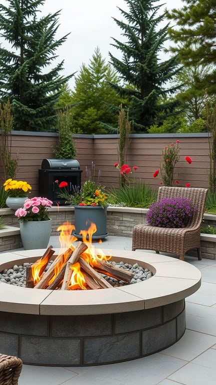 A cozy fire pit surrounded by colorful planters and flowers in a backyard setting.