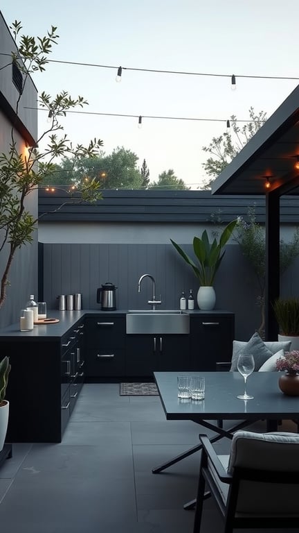 A contemporary outdoor kitchen featuring a bar sink, sleek black cabinetry, and a cozy dining area.
