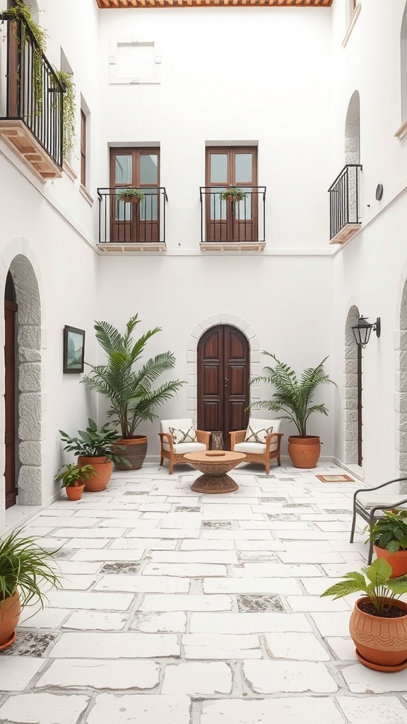 A traditional white stone courtyard featuring potted plants and wooden furniture.