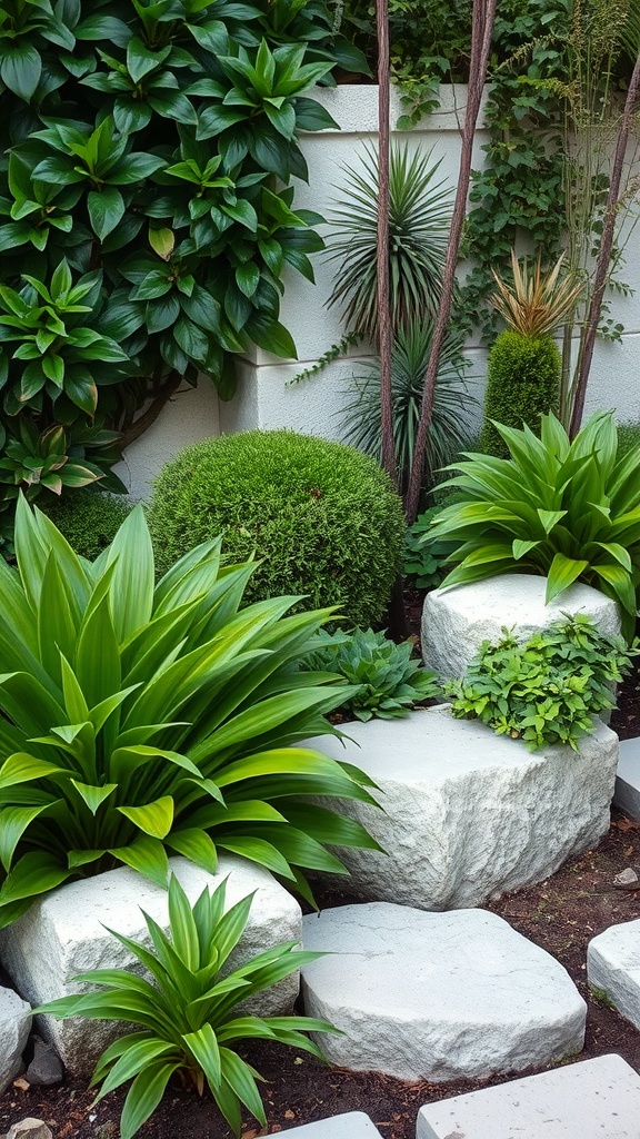 A garden featuring lush green plants surrounding white stone elements.