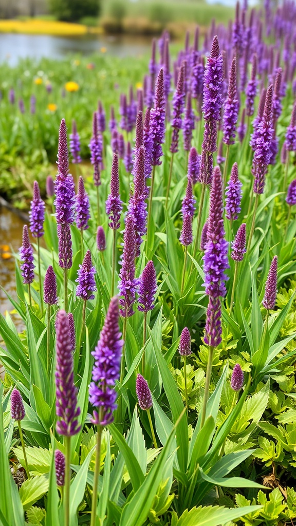 A field of purple loosestrife flowers near a water body, showcasing their tall, vibrant spikes.