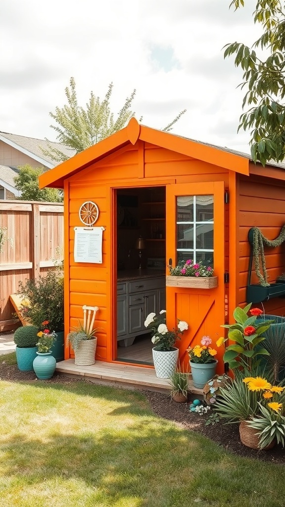 A bright orange garden shed surrounded by colorful flower pots and greenery.