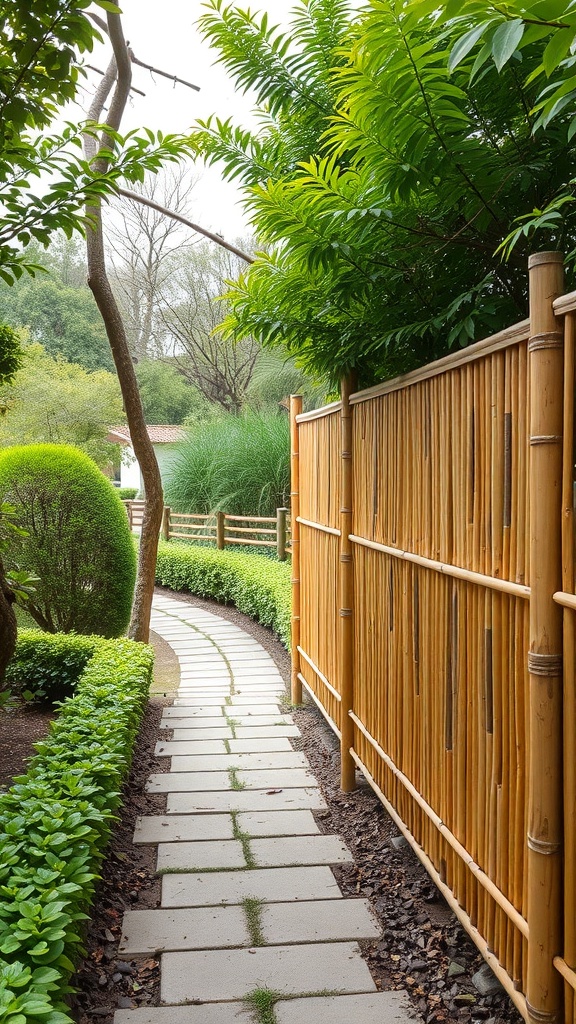 A winding path surrounded by greenery and a bamboo roll fence