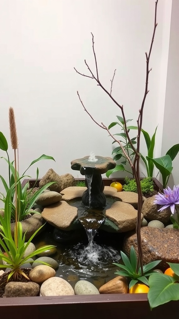 A small indoor water garden featuring a fountain surrounded by stones and plants.