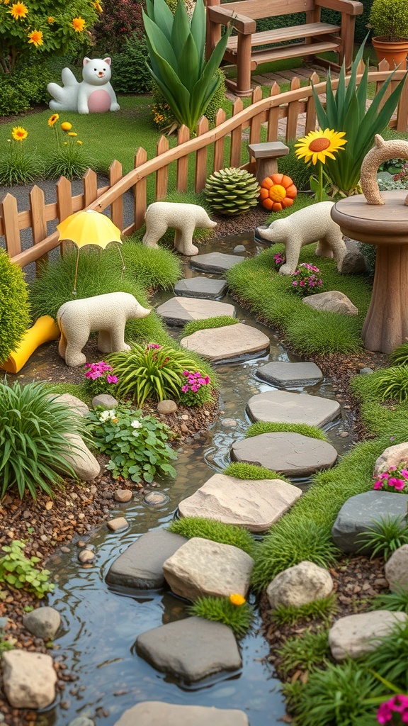 A colorful children's garden featuring a stream, playful animal sculptures, flowers, and stepping stones.