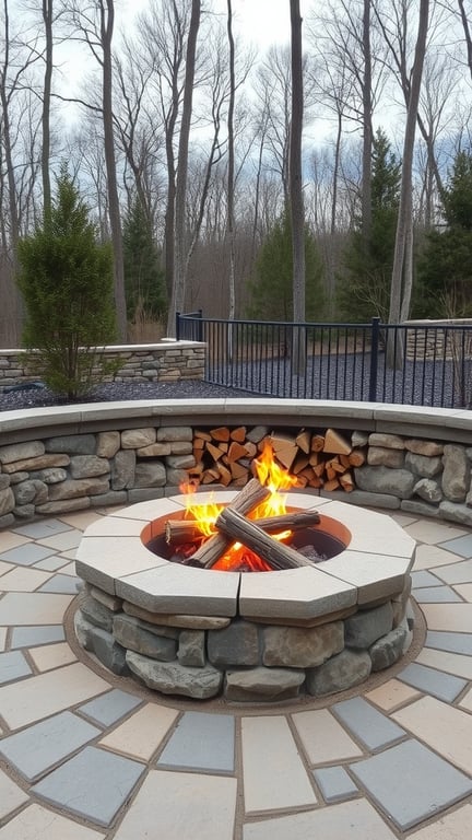 A rustic stone fire pit with firewood storage, surrounded by trees.