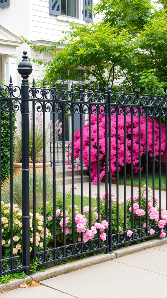 A black wrought iron fence with intricate designs, surrounded by colorful flowers in a front garden.