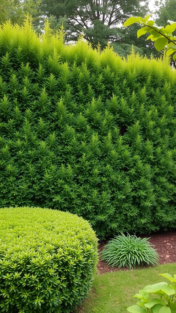A dense green hedge providing natural privacy in a garden.