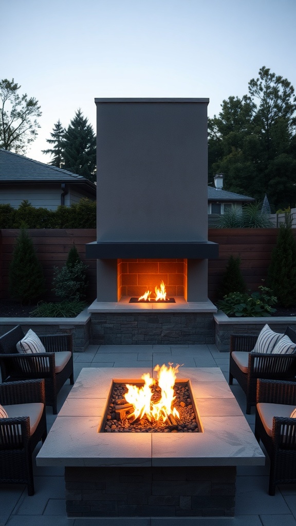 A modern outdoor fireplace with a fire pit surrounded by seating, creating a cozy atmosphere.