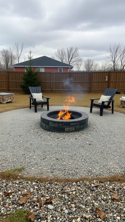 A fire pit with a stone surround and gravel area, featuring two chairs nearby.
