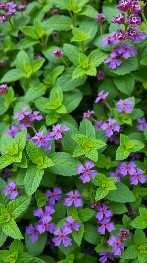 A close-up view of purple flowering mint with vibrant purple flowers and green leaves.