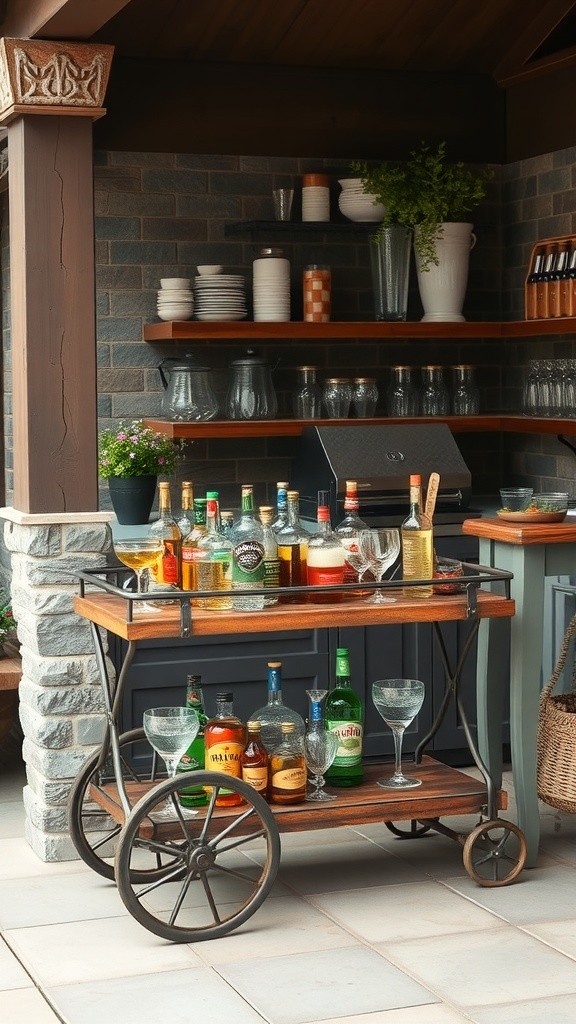 A rustic bar cart with various bottles and glasses, set in an outdoor kitchen