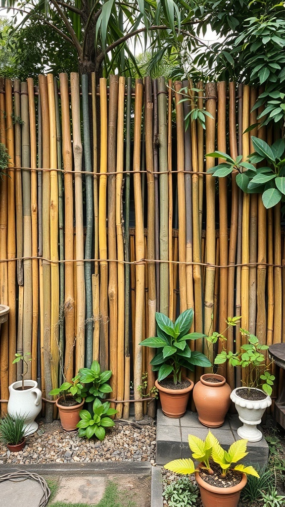 A rustic bamboo privacy screen surrounded by potted plants in a garden.