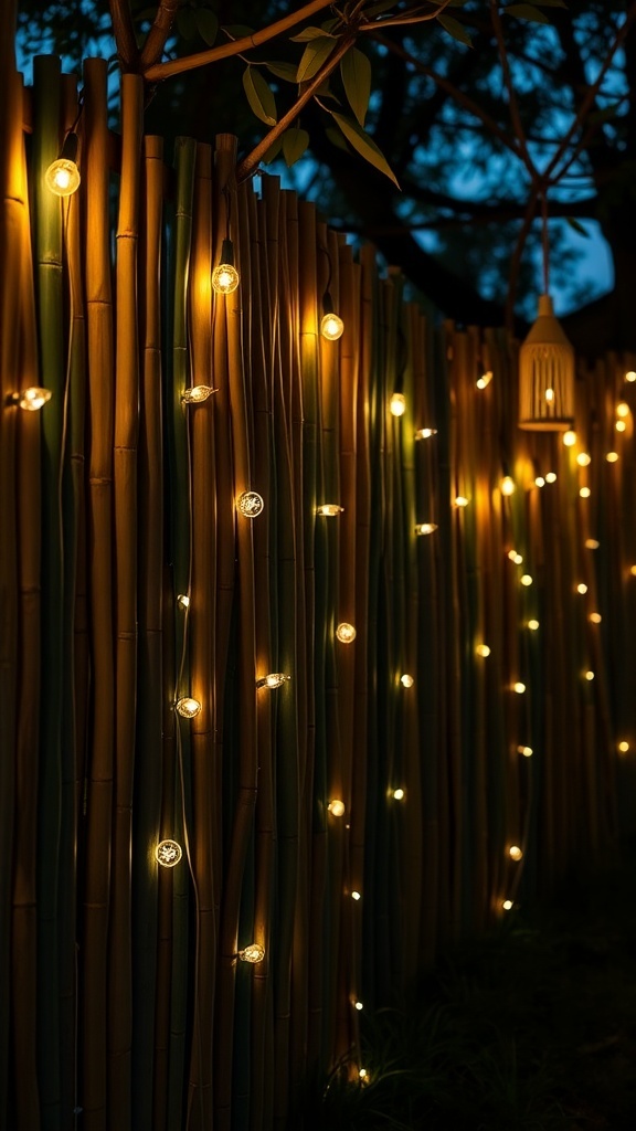 Bamboo fence adorned with decorative lights creating a warm atmosphere
