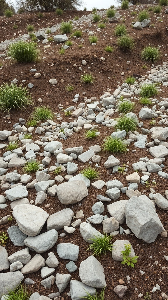 A landscape featuring rock beds with various sizes of rocks and patches of grass, illustrating erosion control.
