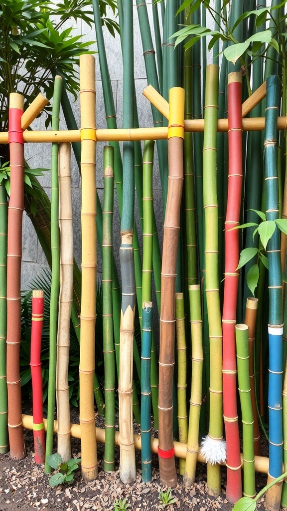 Colorful bamboo fence with various painted accents in a garden setting.