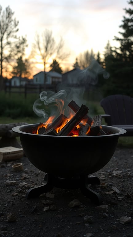 A wood burning fire pit with flames and smoke, set against a sunset in a backyard.